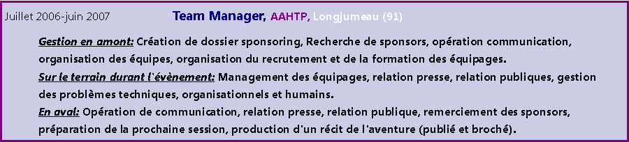 Zone de Texte: Juillet 2006-juin 2007		Team Manager, AAHTP, Longjumeau (91)	Gestion en amont: Cration de dossier sponsoring, Recherche de sponsors, opration communication,	organisation des quipes, organisation du recrutement et de la formation des quipages.
	Sur le terrain durant l'vnement: Management des quipages, relation presse, relation publiques, gestion 	des problmes techniques, organisationnels et humains.
	En aval: Opration de communication, relation presse, relation publique, remerciement des sponsors, 	prparation de la prochaine session, production d'un rcit de l'aventure (publi et broch).