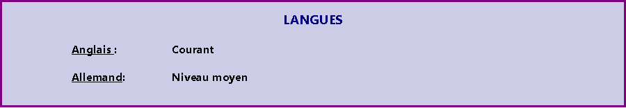 Zone de Texte: LANGUES		Anglais :  	 	Courant 		Allemand:  		Niveau moyen